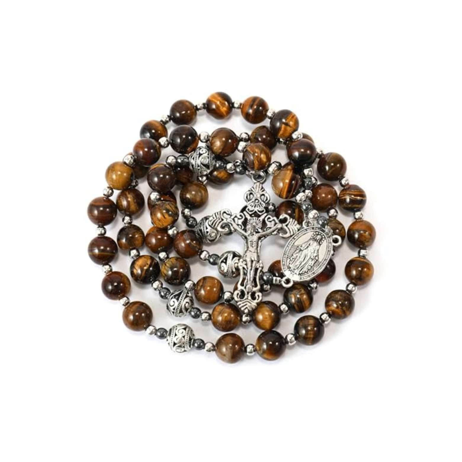 Brown Tiger Eye Stone Beads Rosary Necklace with Miraculous Medal & Silver Cross - Nazareth Store