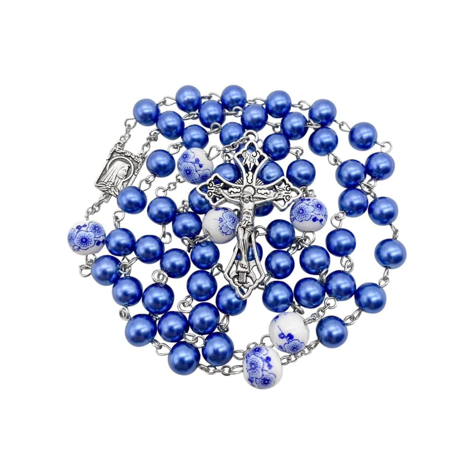 White Flowers Blue Pearl Beads Rosary Beaded Necklace Lourdes Medal & Cross Crucifix - Nazareth Store