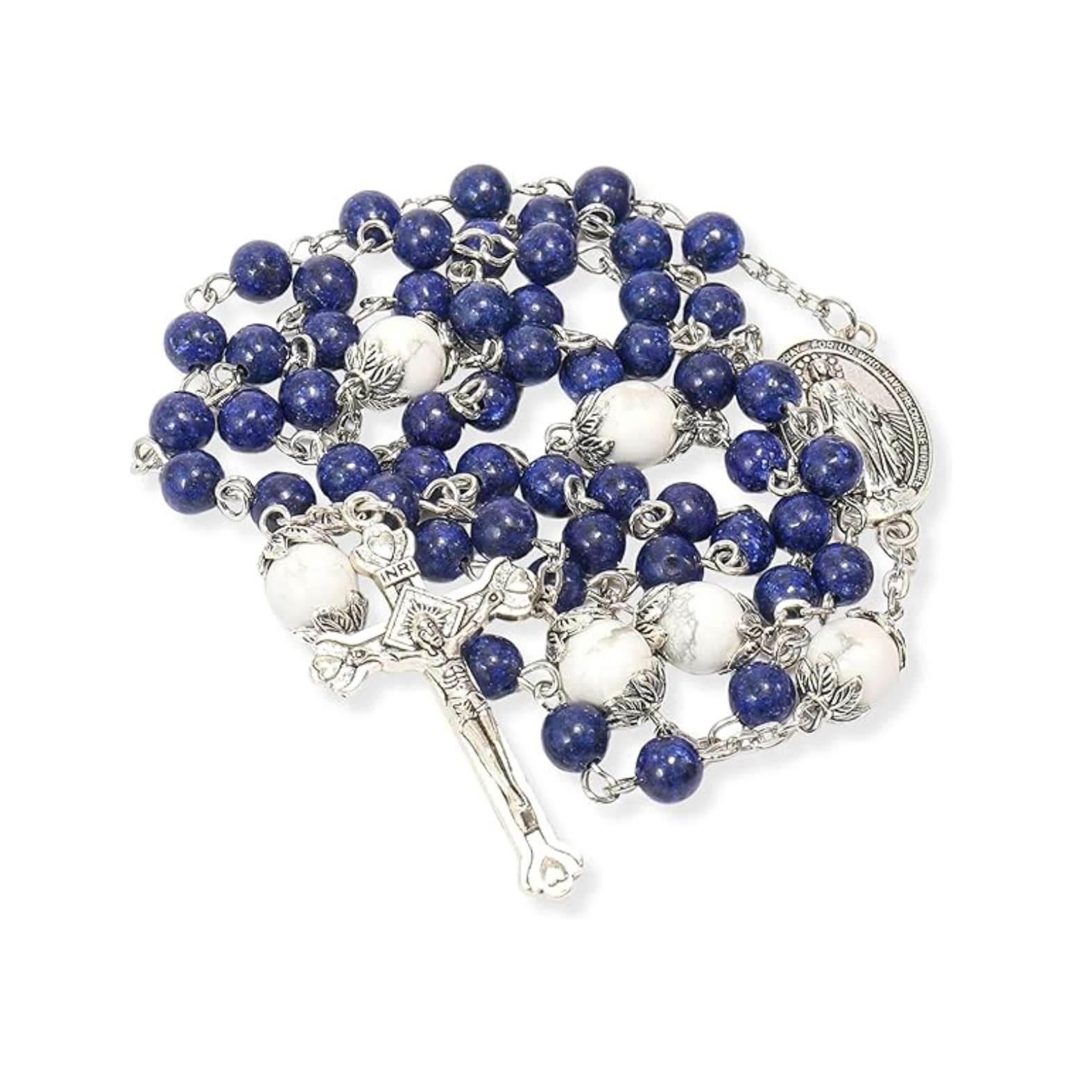 White Howlite Blue Lapis Lazuli Beads Rosary Necklace Miraculous Medal Holy Mary Box - Nazareth Store