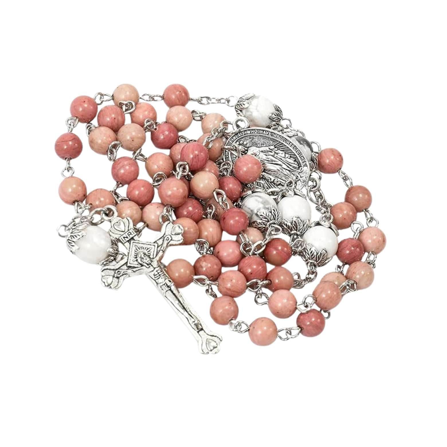 White Howlite Pink Aventurine Beads Rosary Necklace Miraculous Medal Holy Mary Box - Nazareth Store