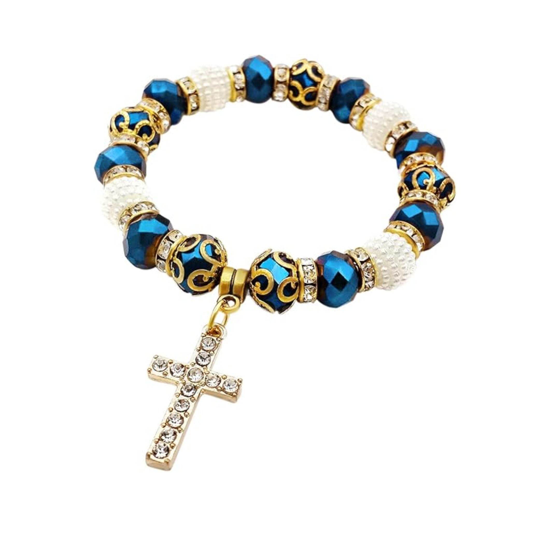 Catholic Rosary Bracelet Deep Blue Crystal Beads Wrist Bangle with Cross - Nazareth Store