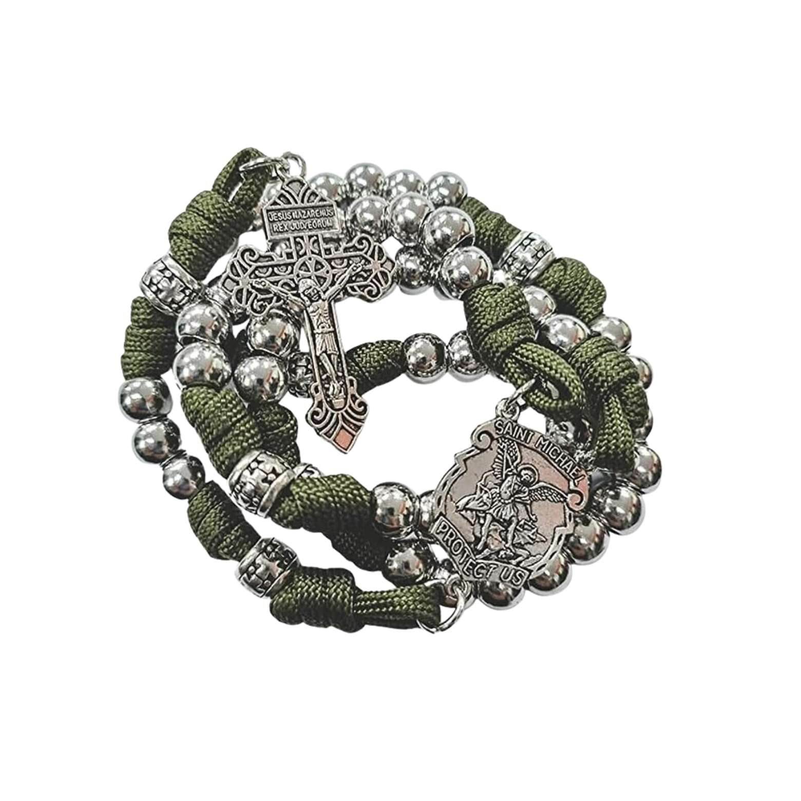 St. Michael Paracord Rosary Necklace with Alloy Beads Our Father Prayer & Jesus Crucifix - Nazareth Store