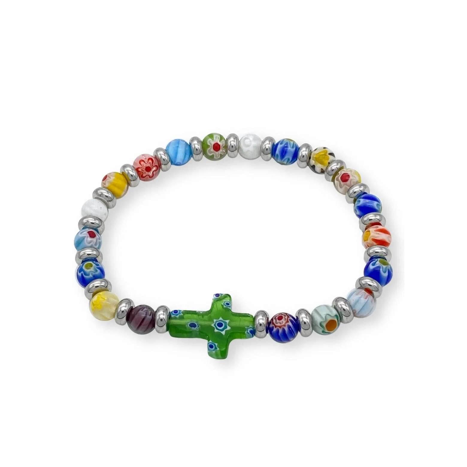 Agate Flowers Rosary Beads Cross Bracelet Bangle Handmade Christian Bracelet - Nazareth Store