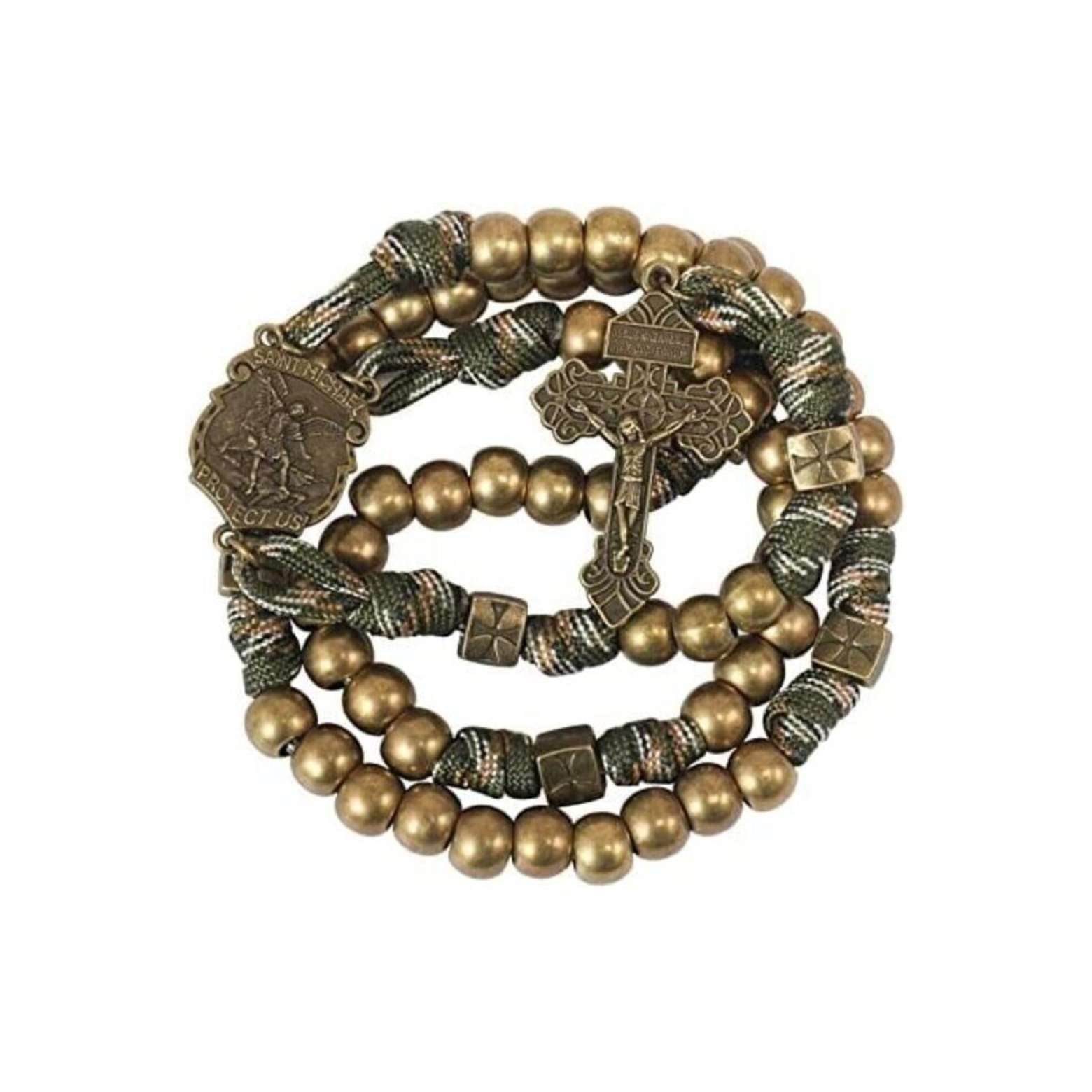 Bronze Beads Paracord Rosary Military Olive Khaki Cord with St Michael Medal & Pardon Crucifix - Nazareth Store
