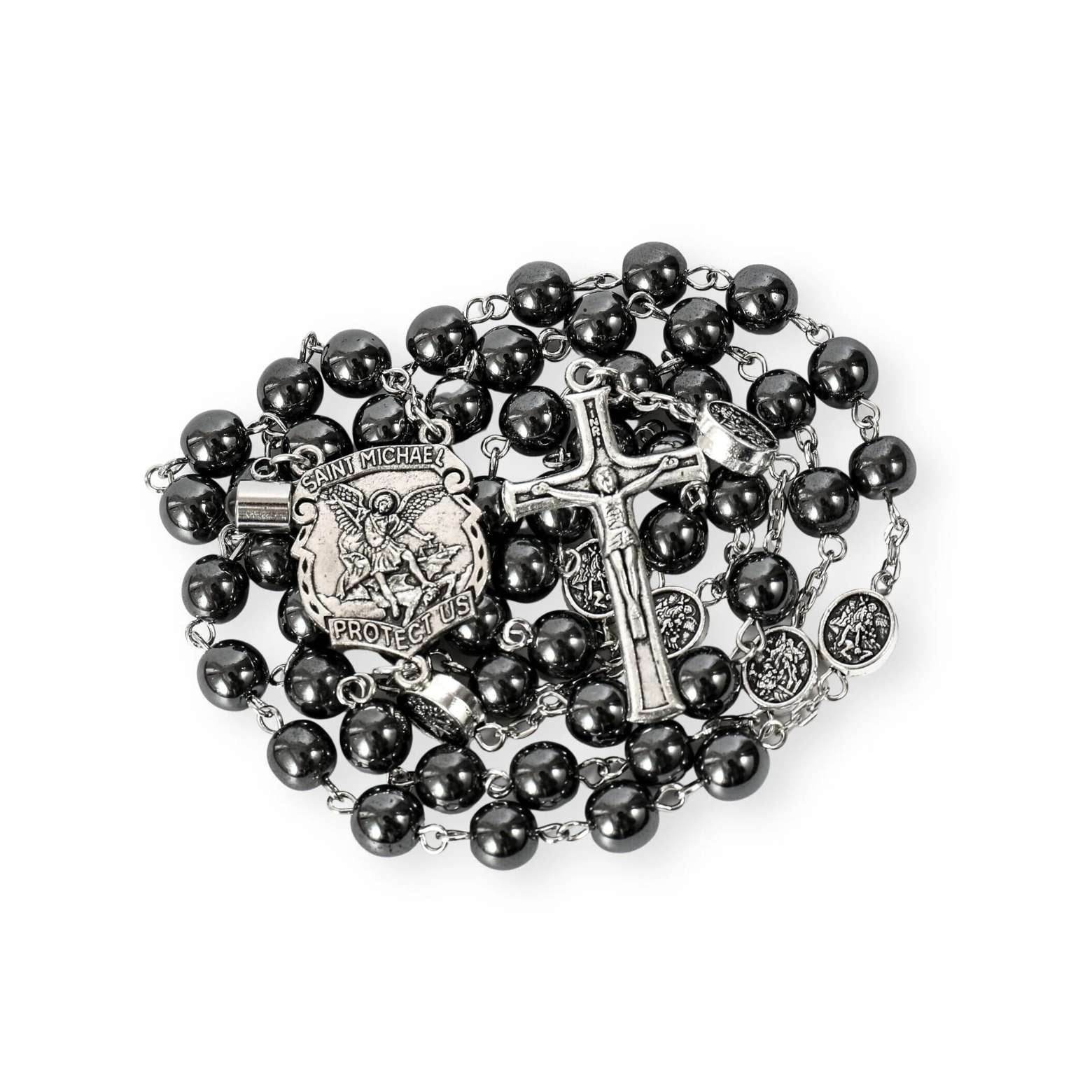 St. Michael Hematite Rosary Stone Beads with Lord’s Prayer Saint Medal & Crucifix - Nazareth Store