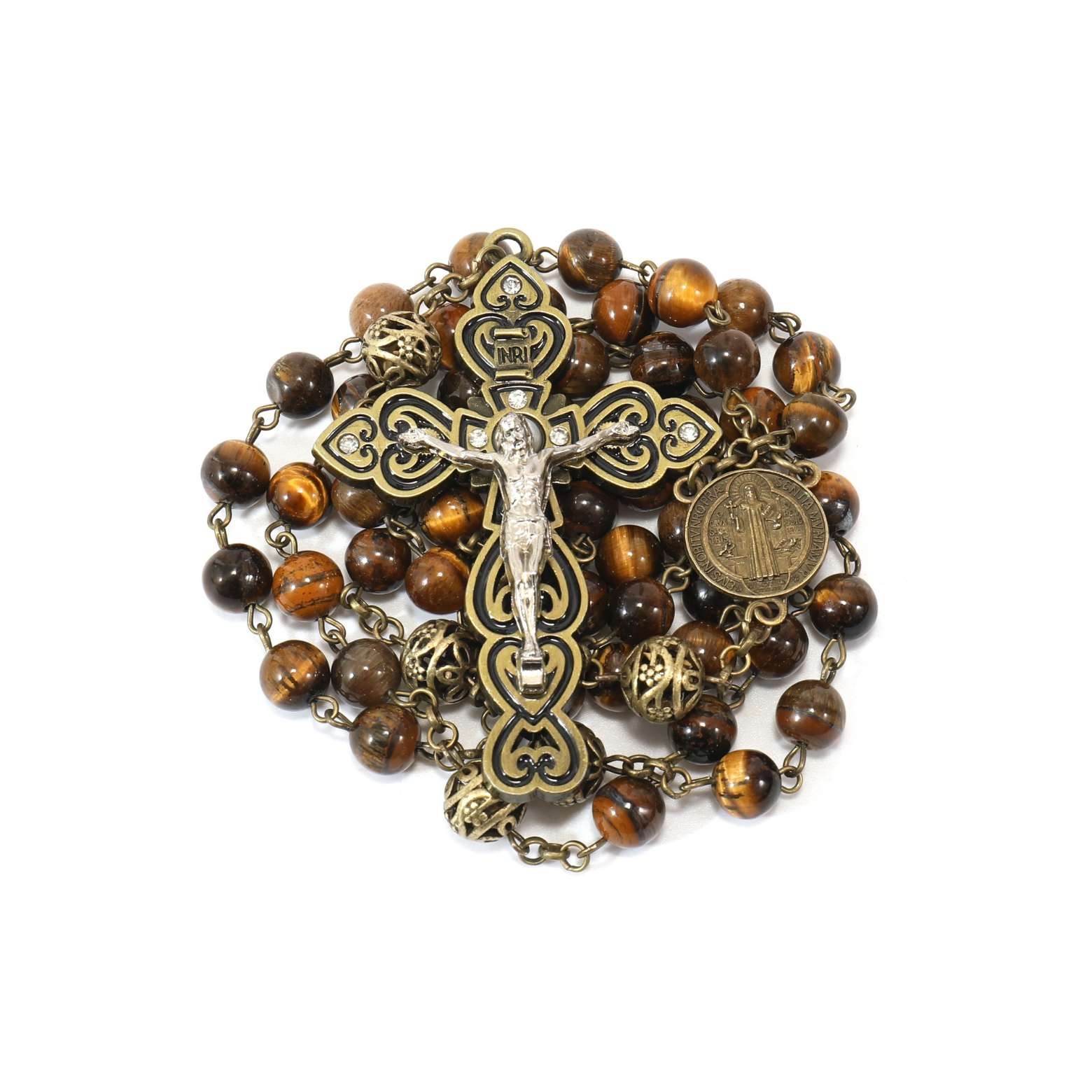 Tiger Eye Natural Stone Beaded Rosary Antique Brass Chaplets Cross Necklace - Nazareth Store