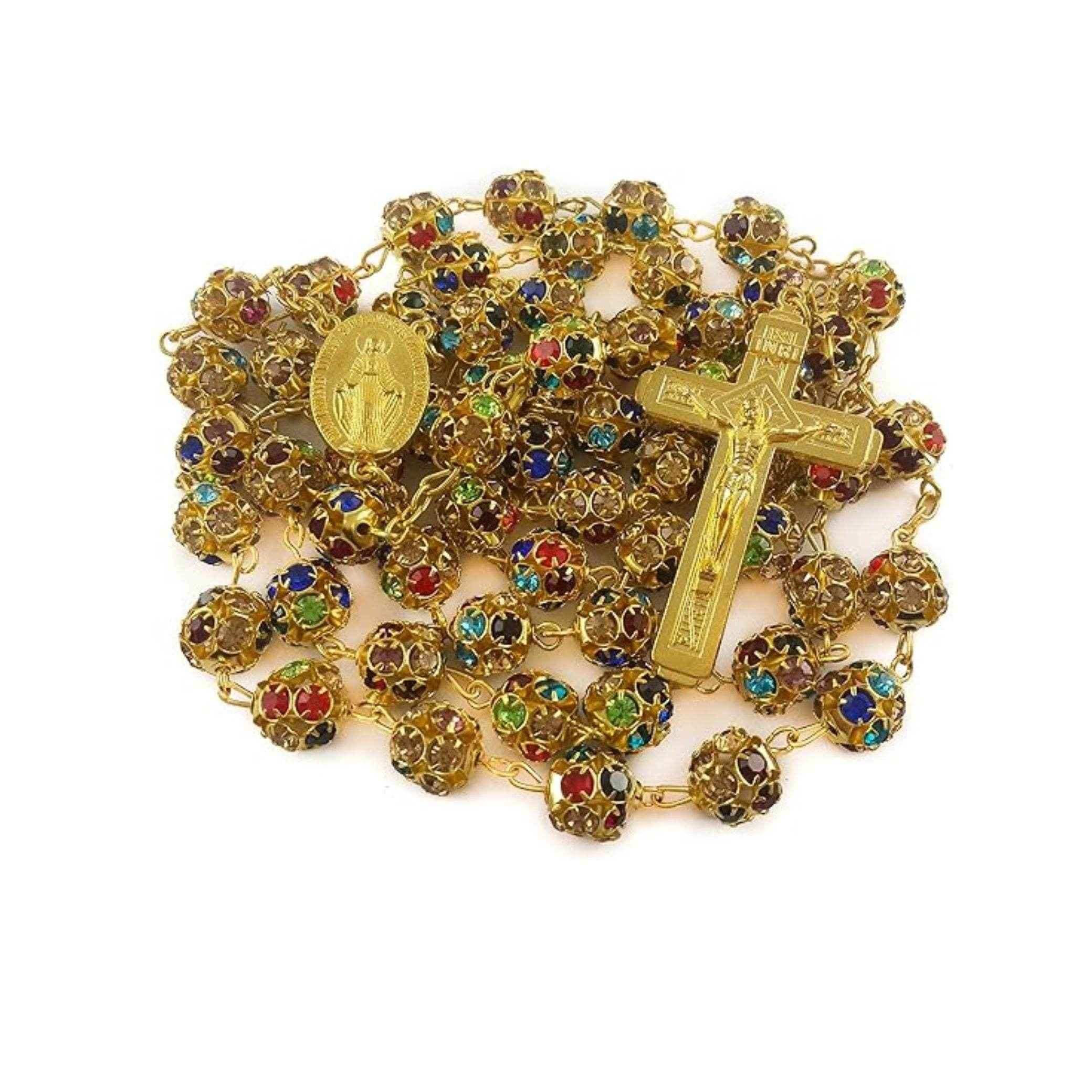 Colorful Crystal Golden Beads Rosary Necklace with Miraculous Medal & Cross - Nazareth Store