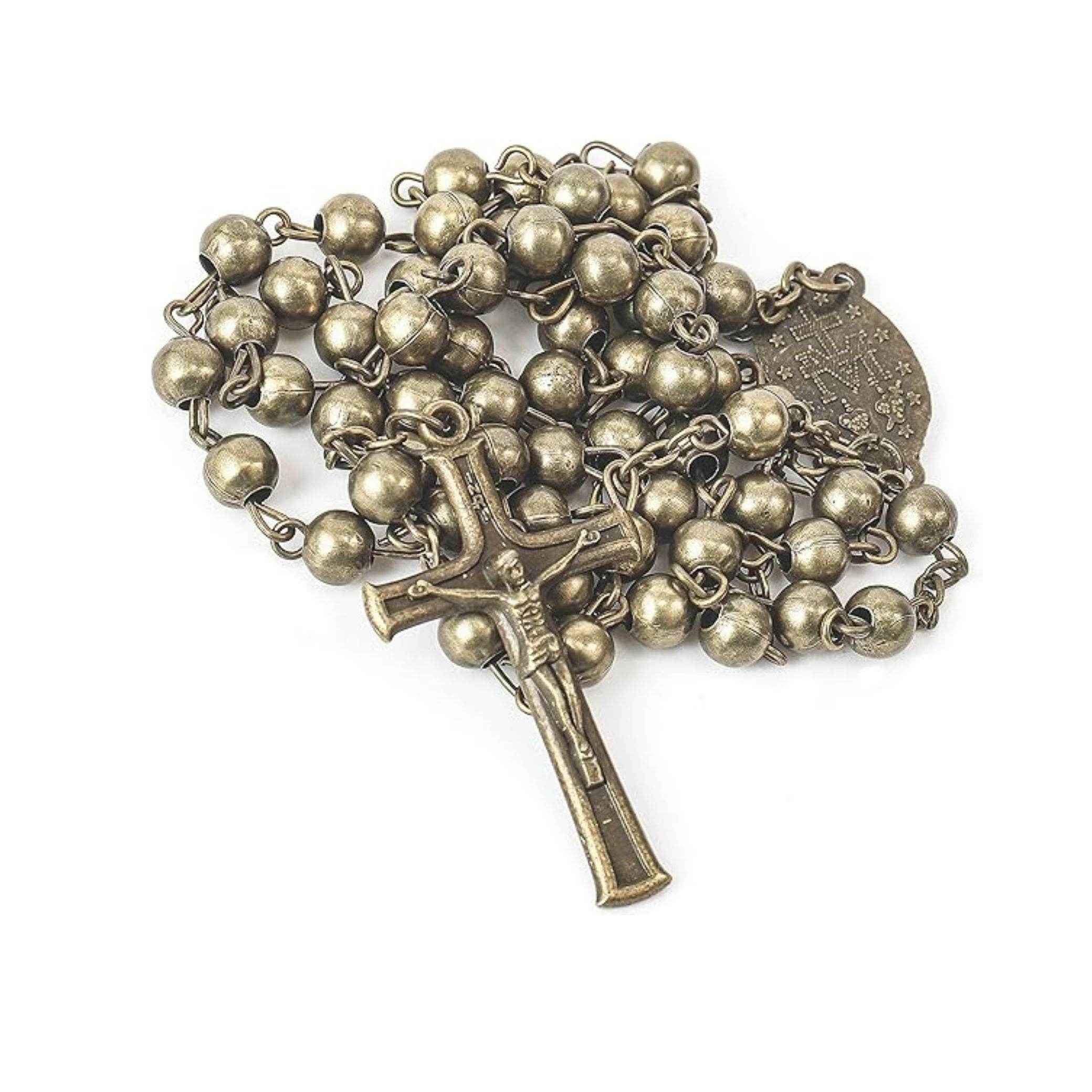 Rosary Necklace Combat WW2 Metal Beads Miraculous & Jesus Cross