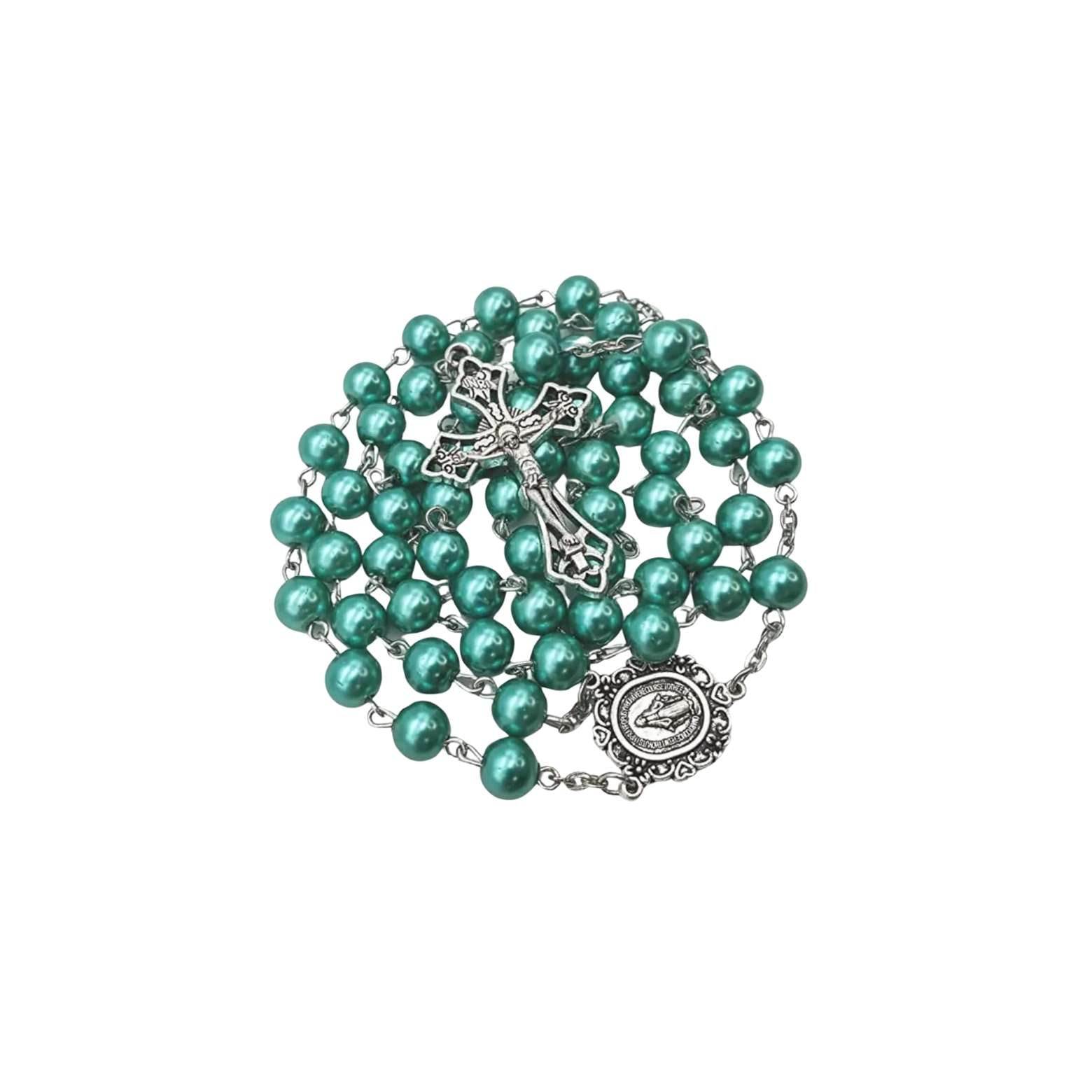 Turquoise Marble Pearl Beads Rosary Miraculous Medal & Cross - Velvet Bag - Nazareth Store