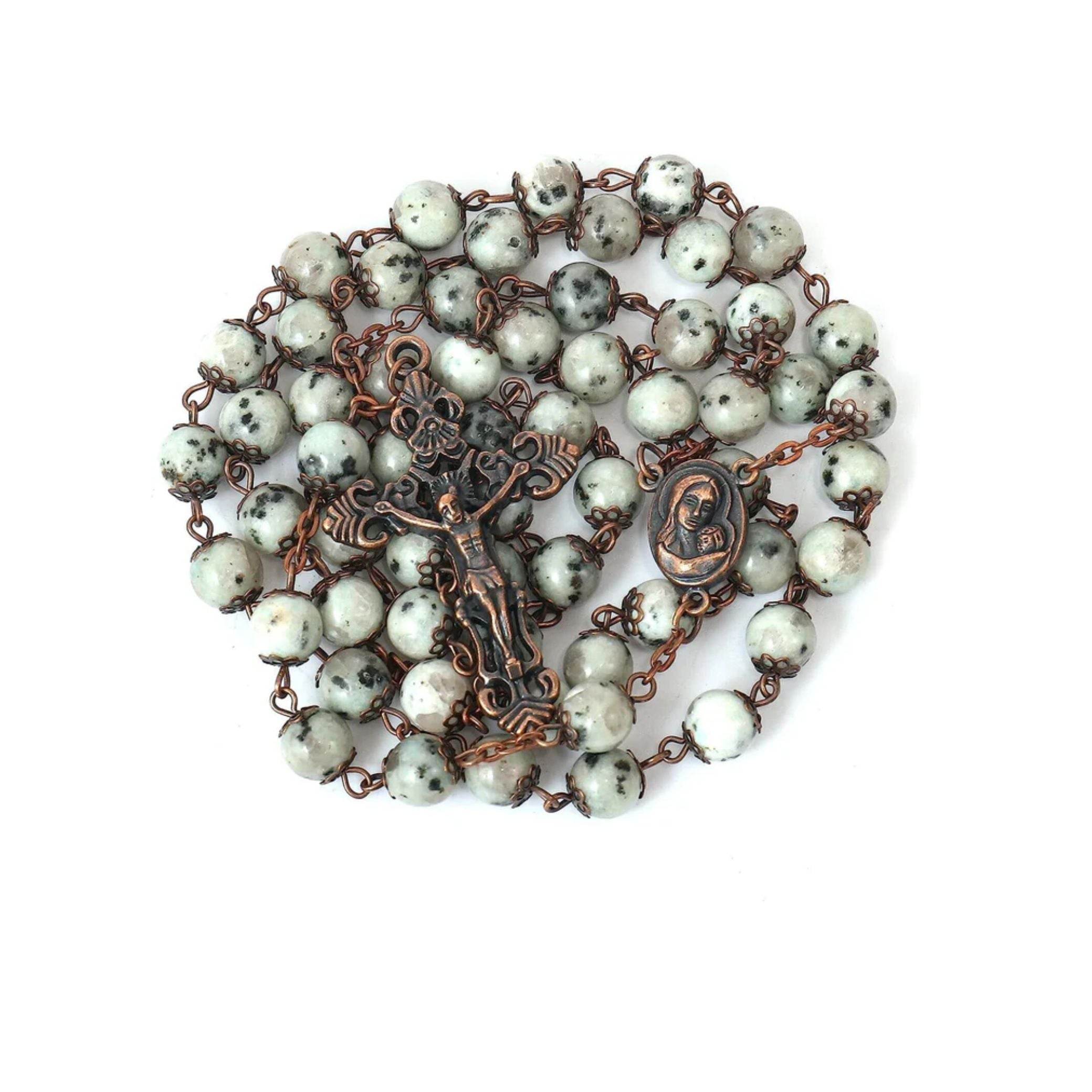 Dalmatian Jasper Natural Stone Rosary Beads Necklace with Holy Soil & Cross - Nazareth Store