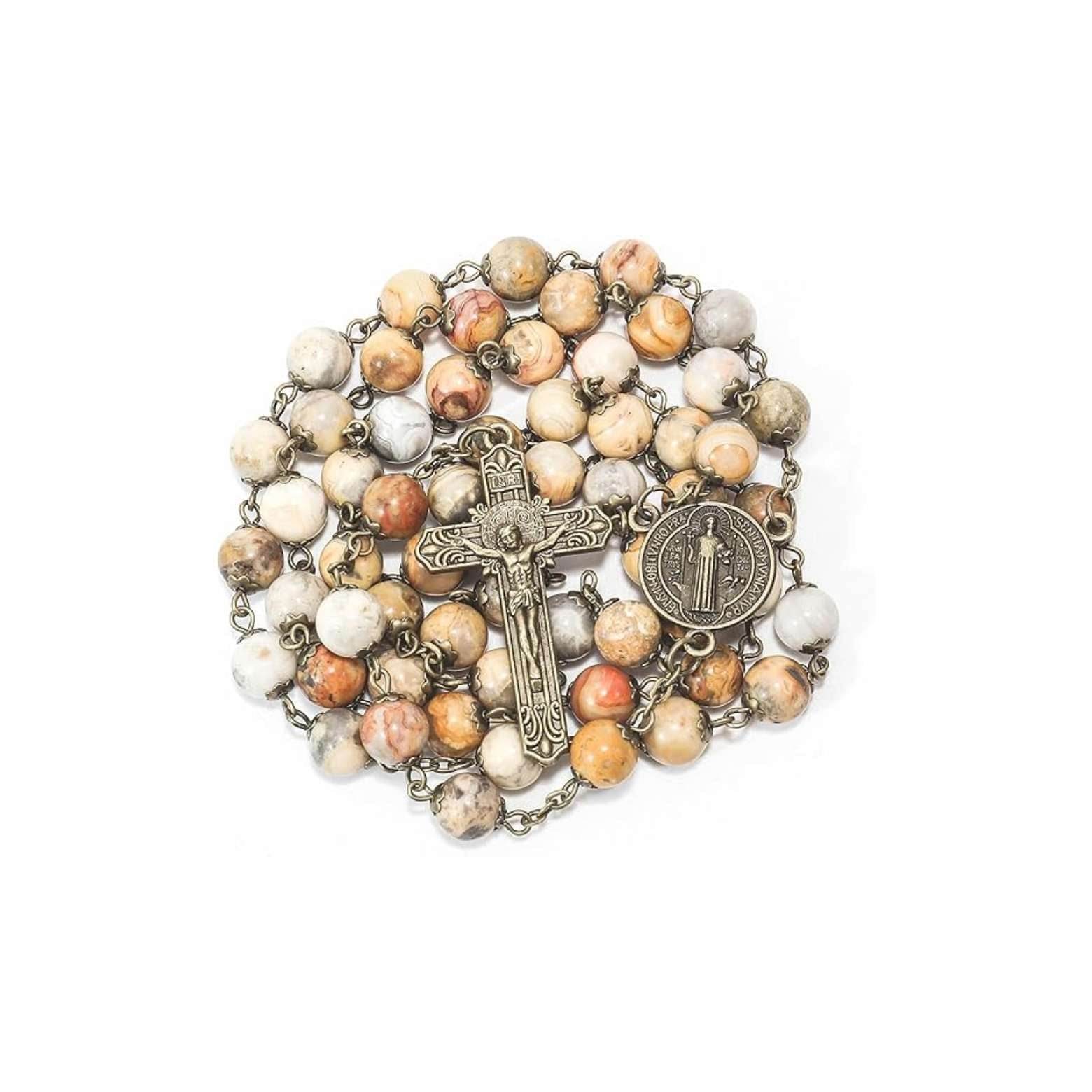 African Jasper Antique Bronze Rosary Necklace St. Benedict Cross and Medal - Nazareth Store