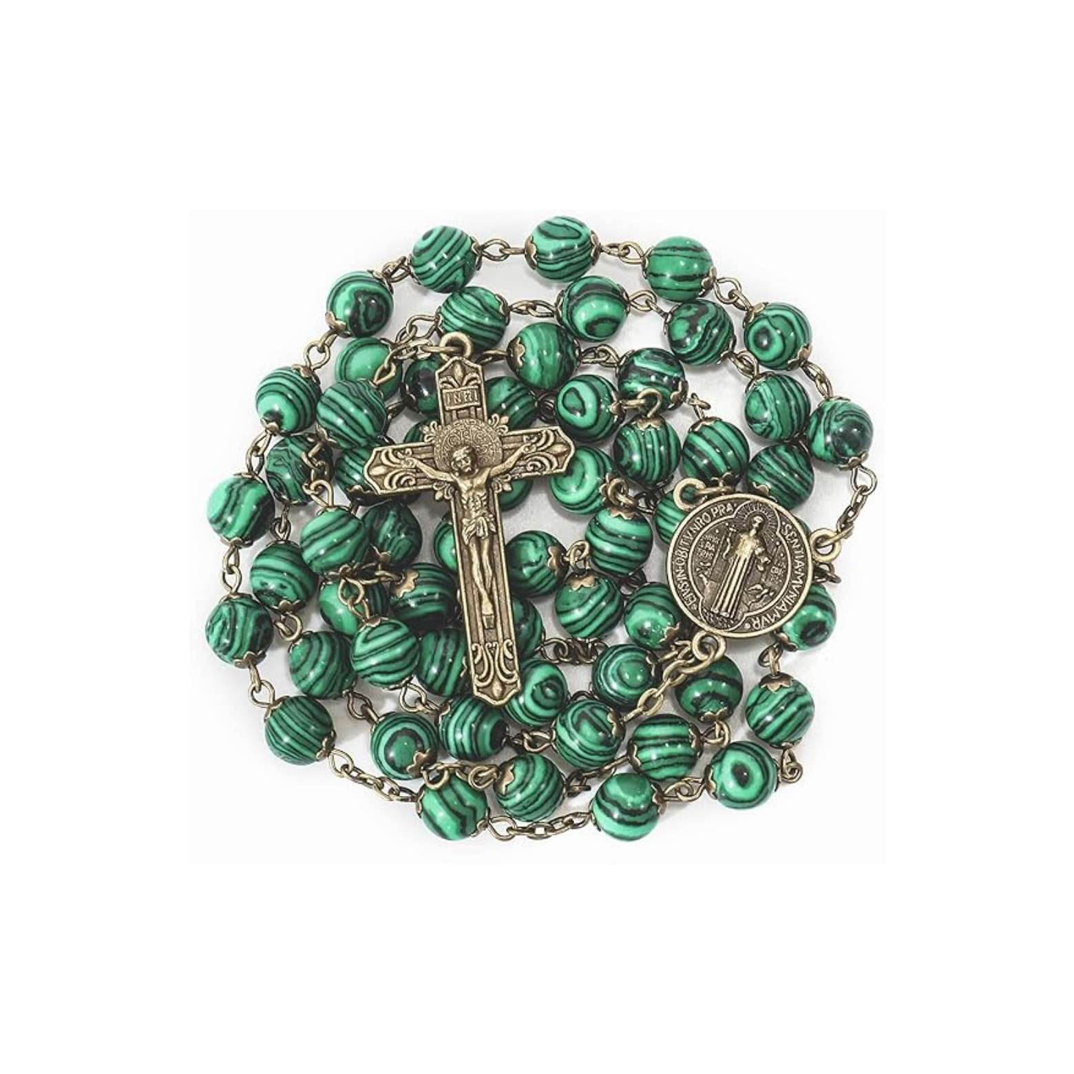 St. Benedict Malachite Antique Bronze Rosary Necklace Cross and Medal - Nazareth Store