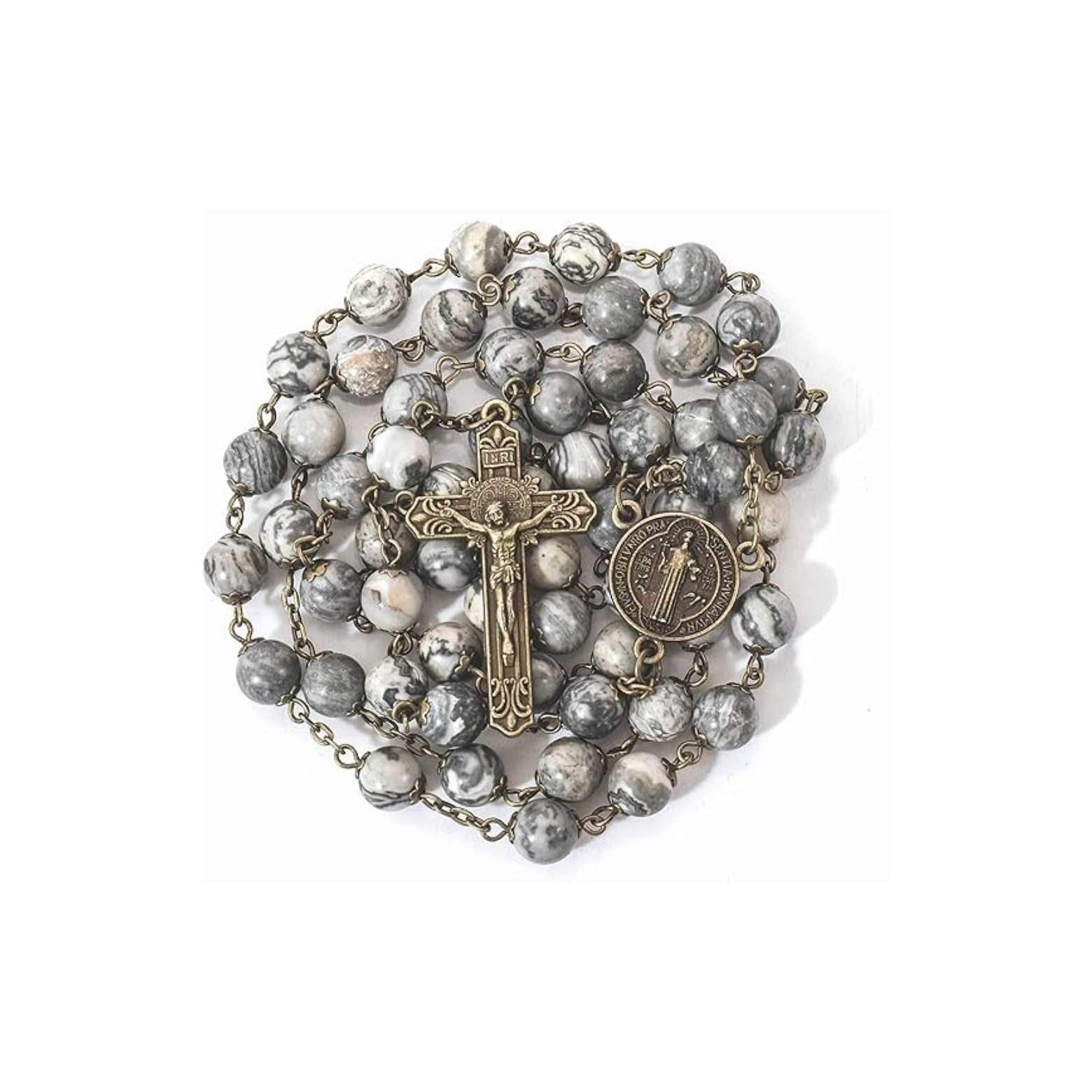 St. Benedict Map Stone Antique Bronze Rosary Necklace Cross and Medal - Nazareth Store