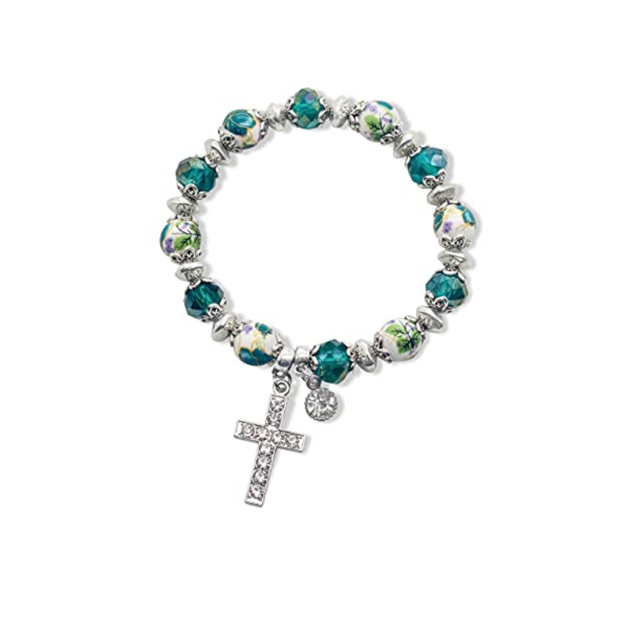 Green Crystals Rosary Beads Bracelet Christian Classic Beaded Bangle with Cross - Nazareth Store