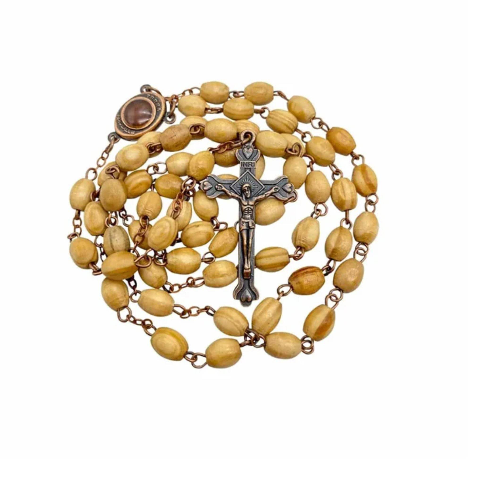 Olive Wood Beads Catholic Rosary Necklace with Holy Mary Medal & Bronze Cross - Nazareth Store