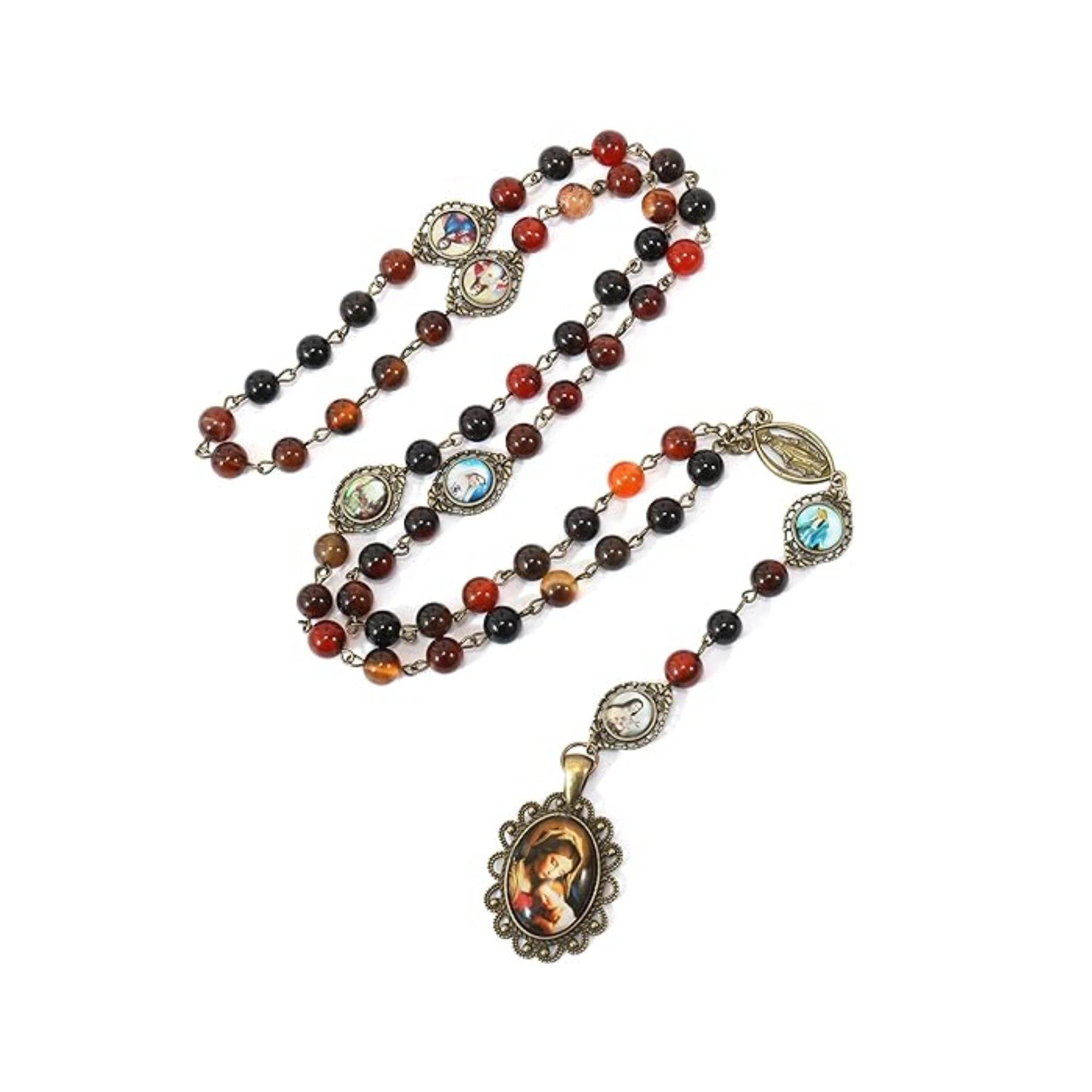 Agate Stone Beads Rosary Necklace with Miraculous & Holy Mary Baby Jesus Medal - Nazareth Store