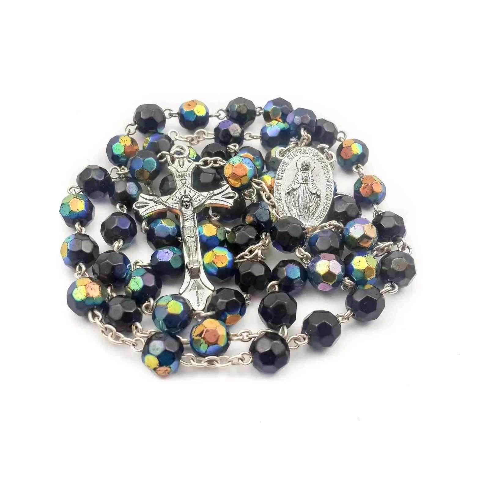 Catholic Rosary Necklace Black Blue Crystal Beads with Miraculous Medal - Nazareth Store