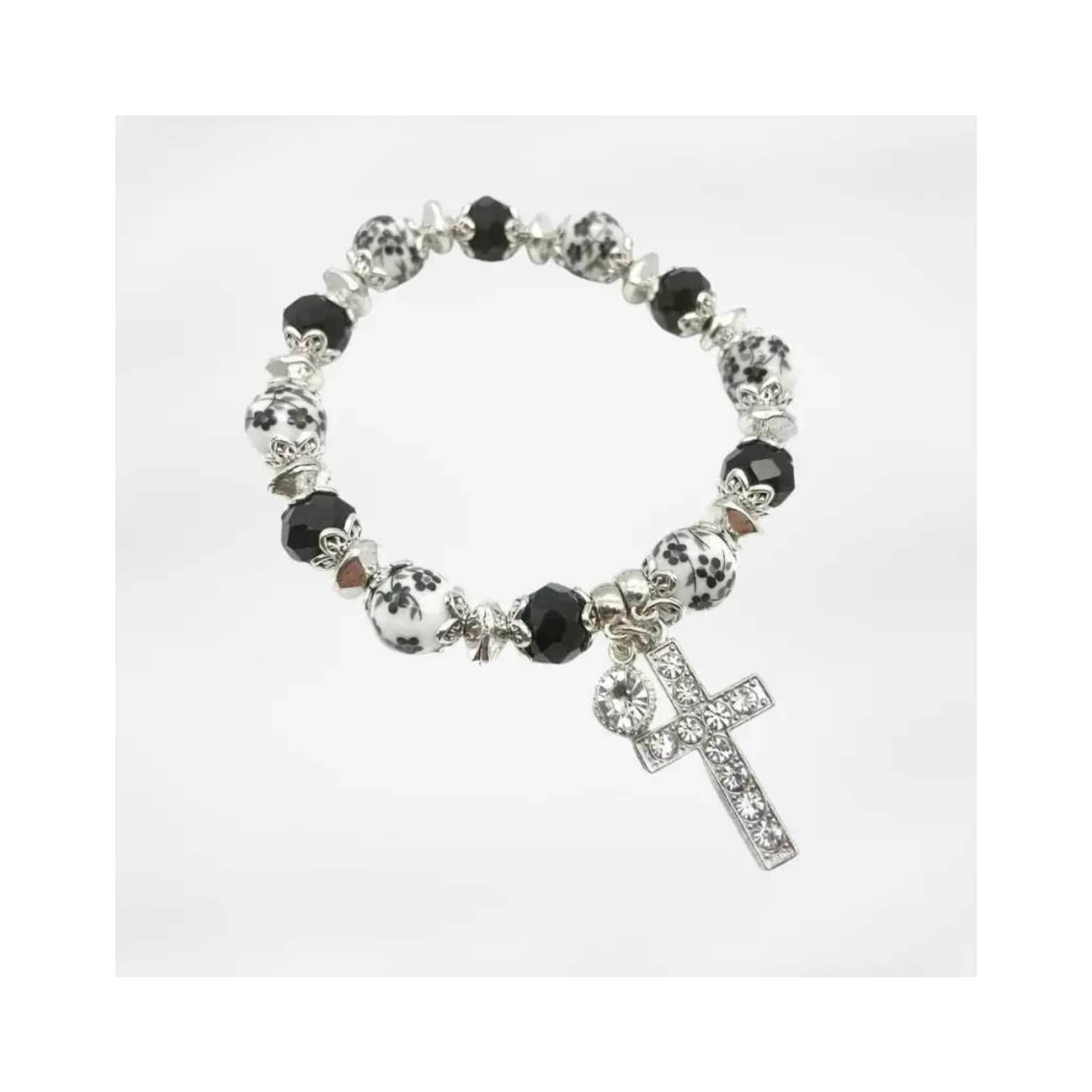 Black Rosary Beads Bracelet Christian Classic Beaded Bangle with Cross - Nazareth Store