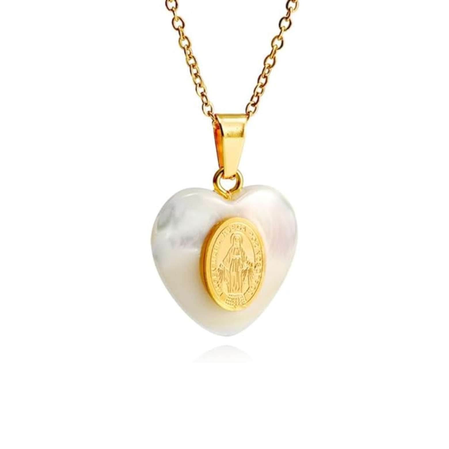 Mother of Pearl Pendant Miraculous Medal on 18K Gold Plated Chain Necklace - Nazareth Store