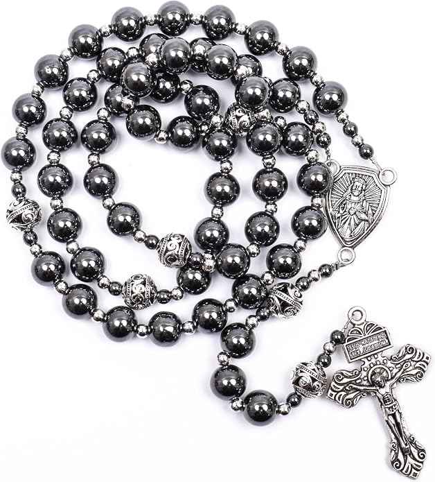 Black Stone Hematite Rosary Necklace Metal Beaded with Our Father Medal & Cross