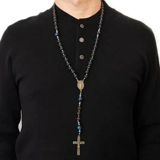 Miraculous Black Lava Stone Beads with Blue Tiger Eye Beads Rosary Necklace for Men's - Nazareth Store