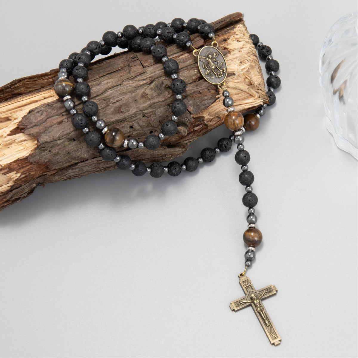 Black Lava Stone Rosary with Yellow Tiger Eye St. Michael Medal & Cross Necklace for Men's - Nazareth Store