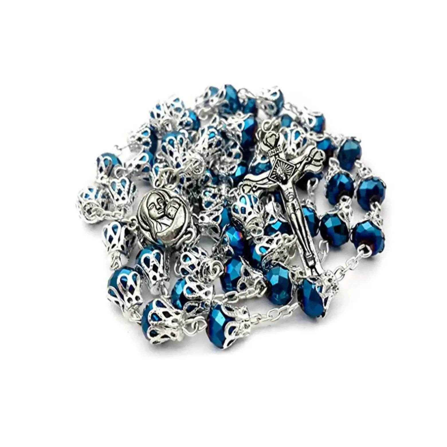 Blue Crystallized Glass Beads Rosary Necklace Holy Soil Medal & Cross Crucifix - Nazareth Store