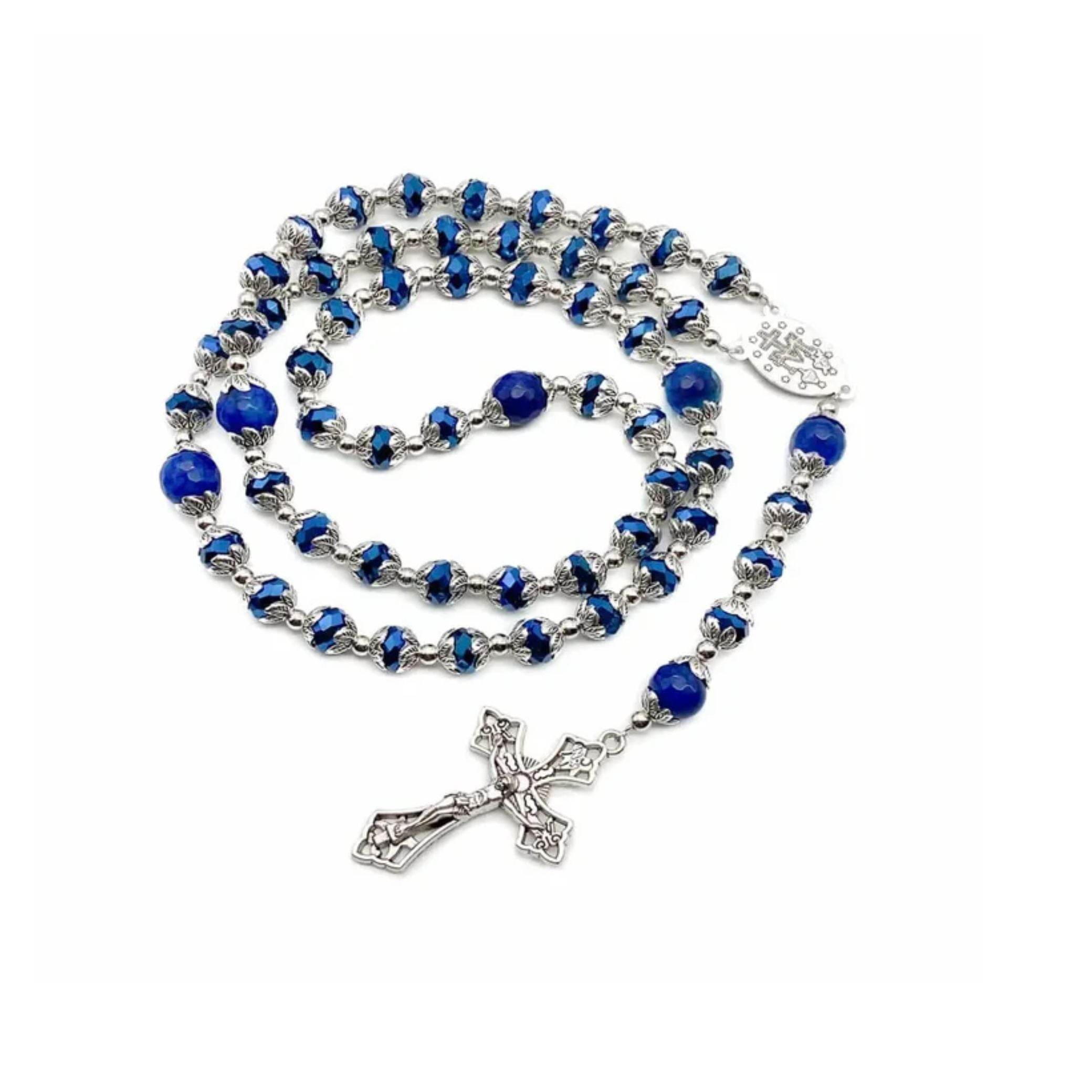 Deep Blue Crystal & Blue Agate Rosary Necklace with Miraculous Medal & Cross Crucifix - Nazareth Store