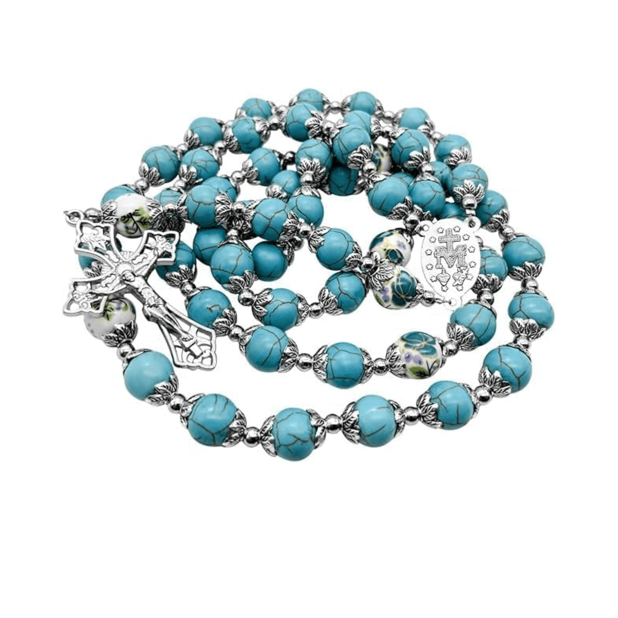 Turquoise Marble Rosary Necklace with Floral Beads, Miraculous Medal & Cross Crucifix - Nazareth Store
