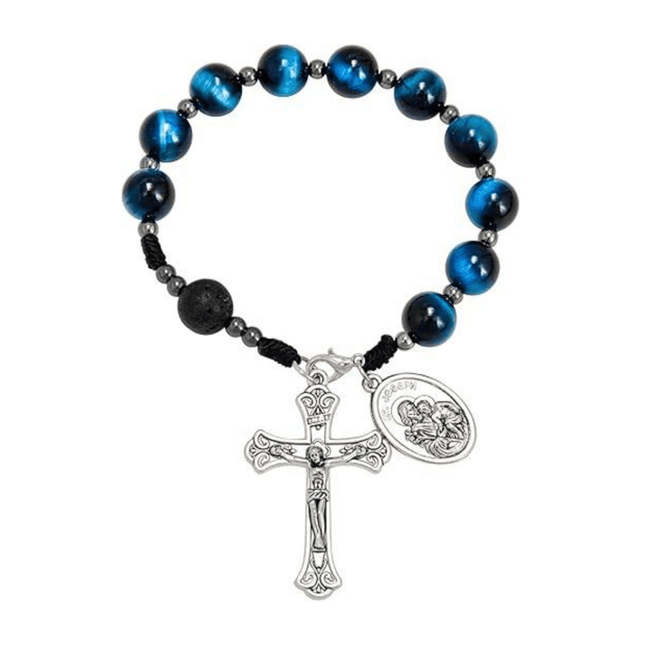 Blue Tiger Eye Rosary Bracelet for Car Rear View Mirror with St. Joseph Medal & Cross