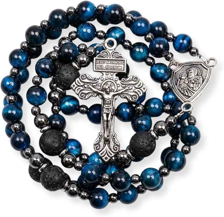 Blue Tiger Eye Rosary Necklace Lava Stone Prayer Beads with St. Joseph Medal & Crucifix