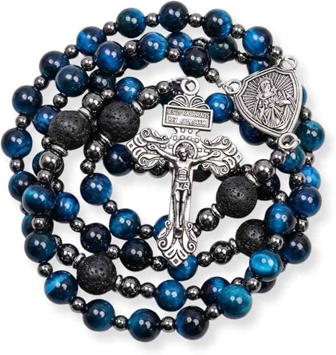 Blue Tiger Eye Rosary Necklace Lava Stone Prayer Beads with Our Father Medal & Crucifix
