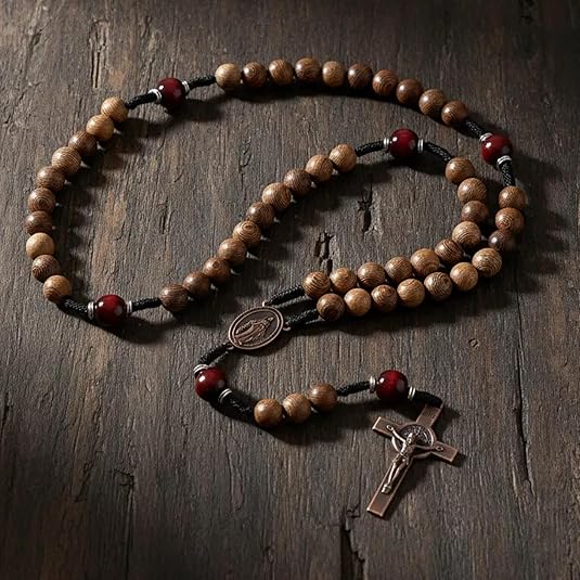 10mm olive wood beads and 12mm dark red wood mystery beads, this rosary offers a bold, strong design that’s perfect for men.