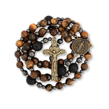 Brown Tiger Eye Catholic Rosary with St. Benedict Medal & Cross Necklace for Men's Nazareth Store