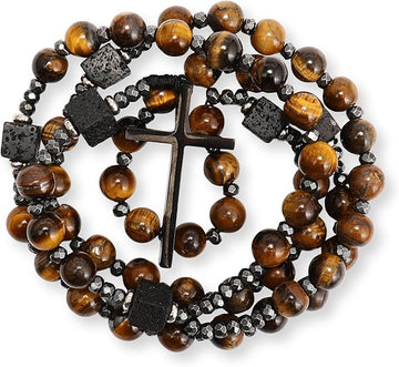 Brown Tiger Eye & Lava Stone 9mm Beads Rosary Necklace with Black Alloy Cross Nazareth Store