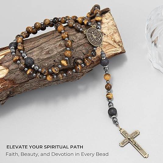 Men's Brown Tiger Eye Catholic Rosary with St. Michael Medal & Cross - Nazareth Store