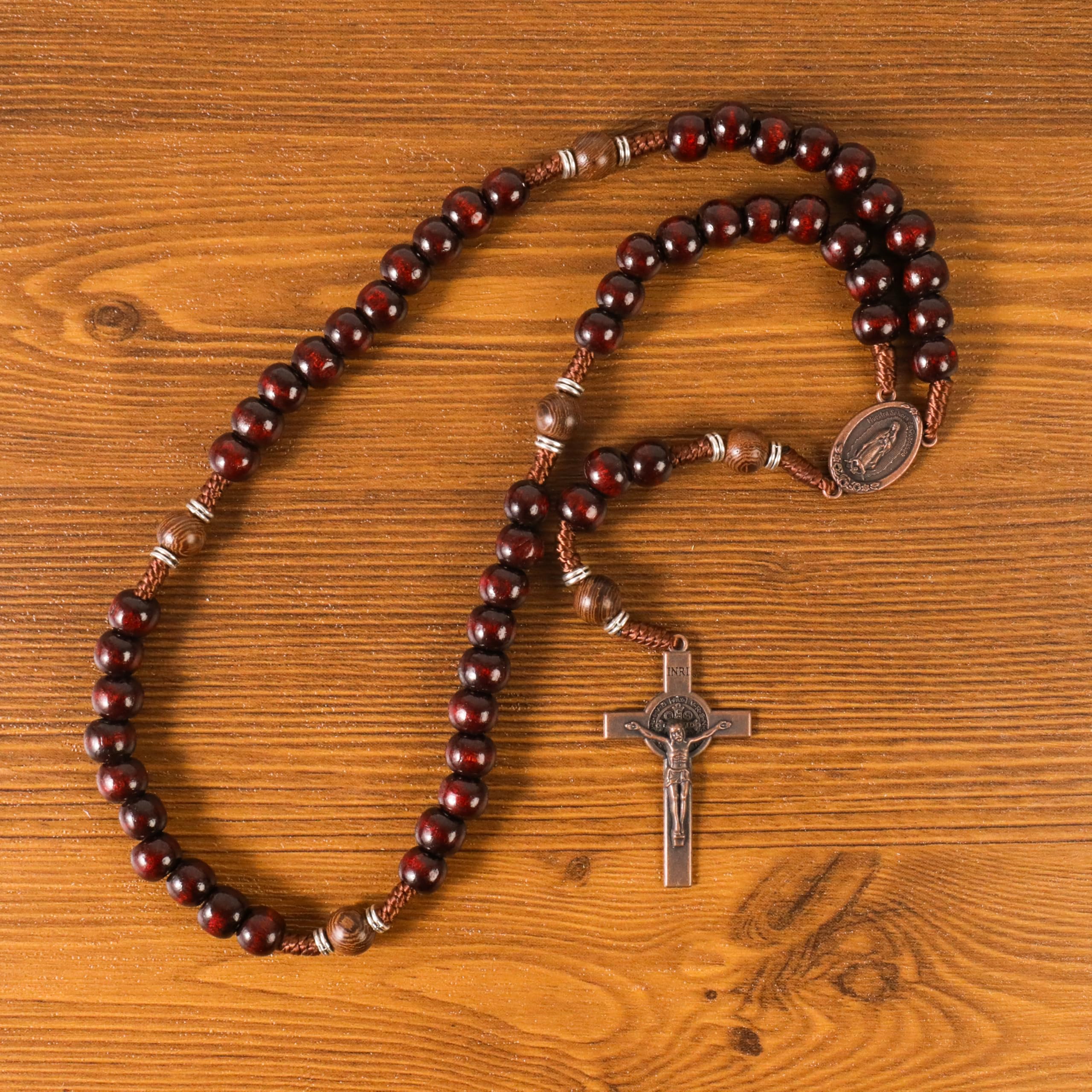 10mm dark red and 10mm Olive wood mystery beads, this rosary offers a bold, strong design that’s perfect for men.