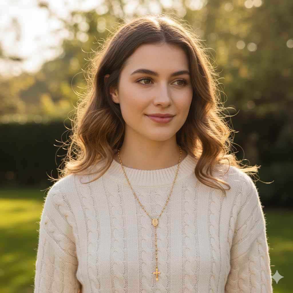 18K Gold Bronze Rosary Necklace Our Lady of Guadalupe & Crucifix with 3mm Prayer Beads - Nazareth Store