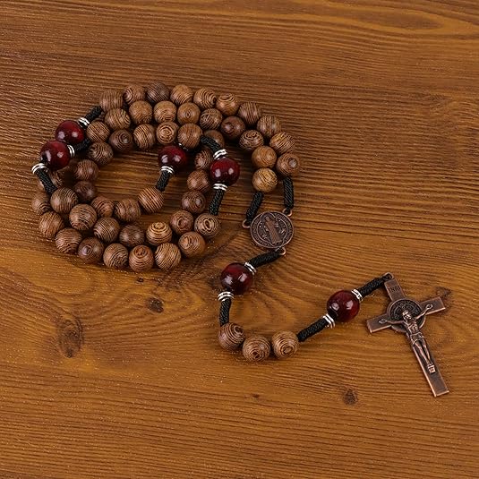 10mm olive wood beads and 12mm dark red wood mystery beads, this rosary offers a bold, strong design that’s perfect for men.