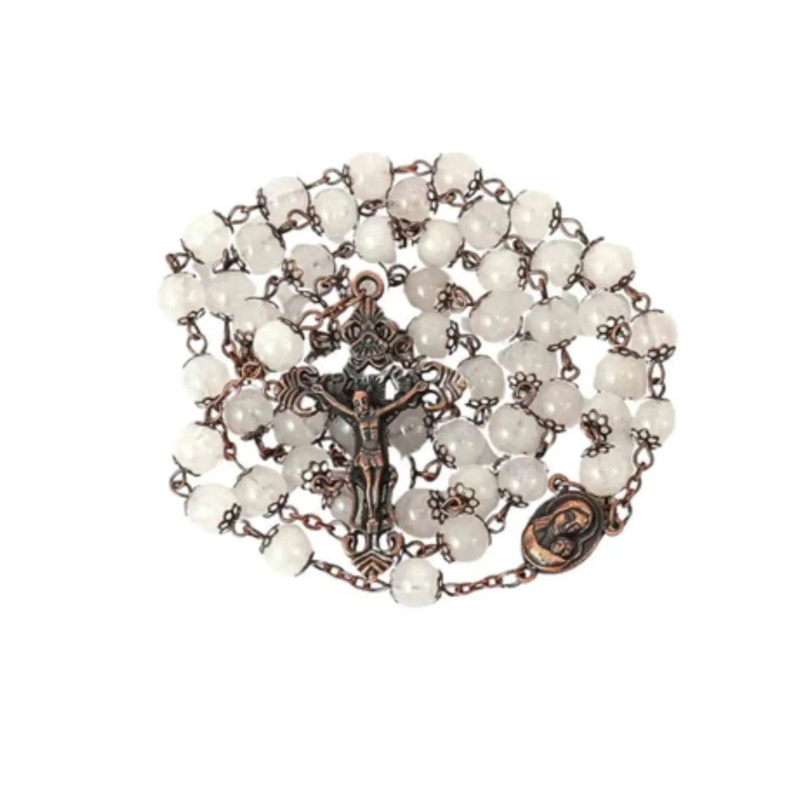 Clear Agate Natural Stone Rosary Necklace with Holy Soil Medal & Crucifix Cross - Nazareth Store