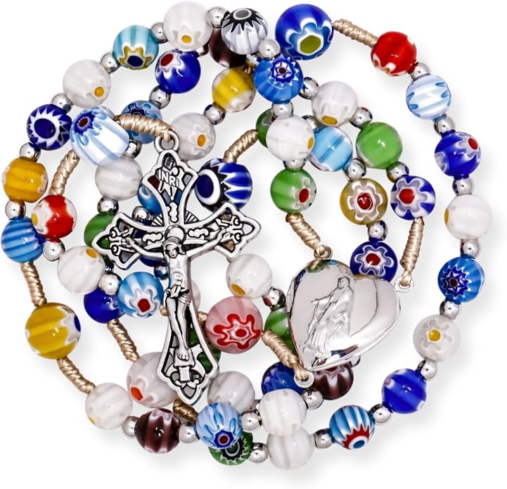 Colorful Murano Millefiori Glass Catholic Rosary Our Lady of Grace Locket Medal & Cross - Nazareth Store