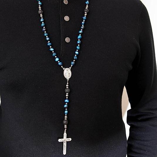 Men's Blue Tiger Eye Rosary with Lava Beads Miraculous Medal & Cross Rosary Necklace - Nazareth Store