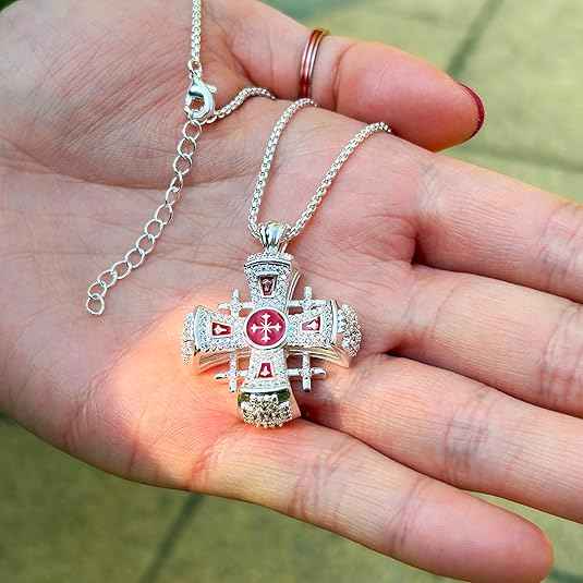 Red Enamel Jerusalem Cross Necklace Stainless Steel Silver Plated Pendant