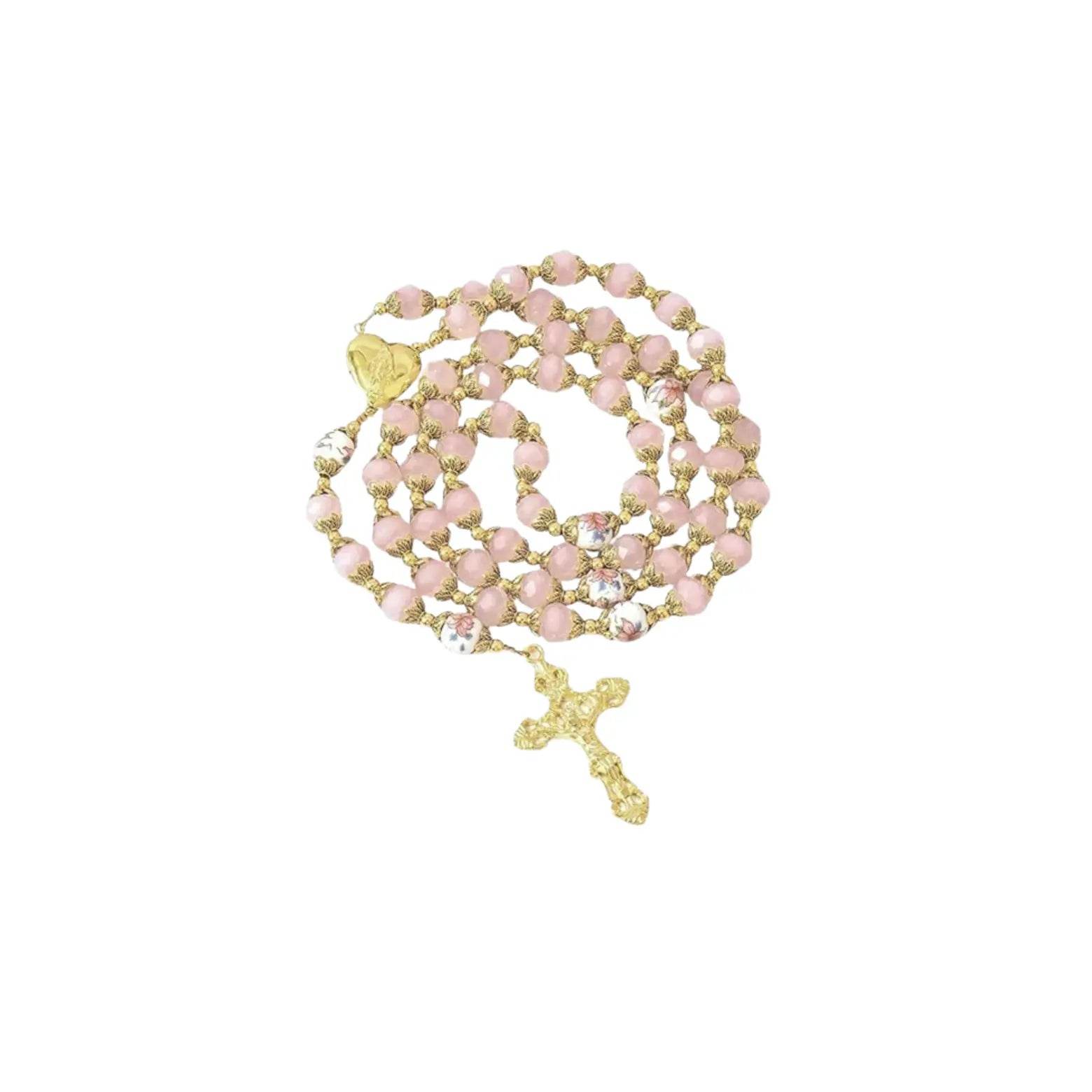 Pink Crystal Beads Gold Flowers Beaded Rosary Necklace Miraculous Heart Locket Medal