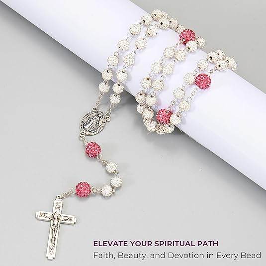 White with Pink Beads Rhinestones Crystal Beads Rosary Necklace - Nazareth Store