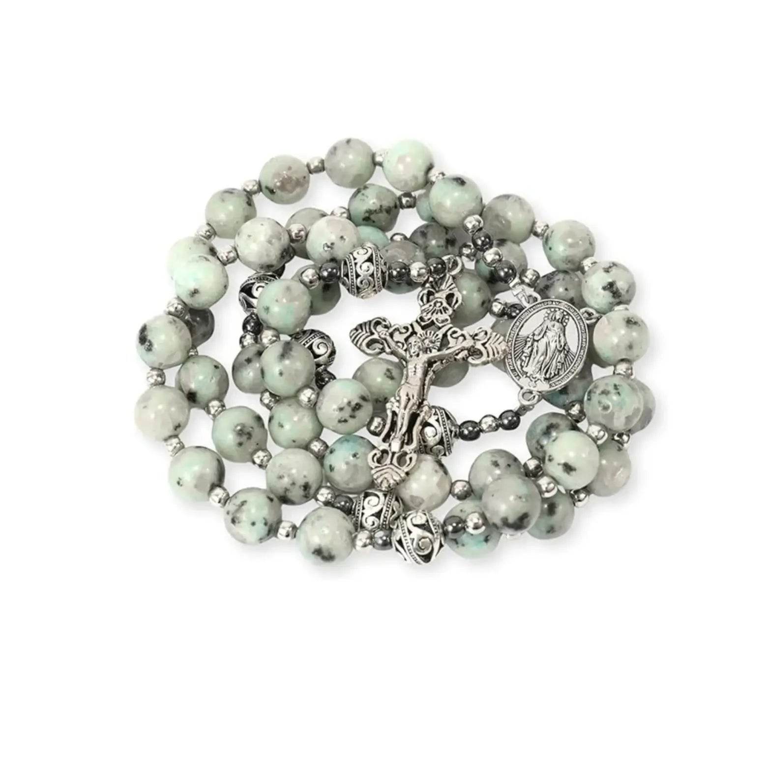 Dalmatian Jasper Natural Stone Rosary Beads Necklace Holy Soil & Cross - Nazareth Store