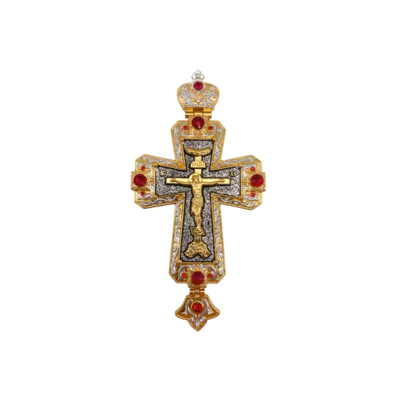 Gold Pectoral Cross Pendant Jesus Priest Bishop Crystallized Beads Clergy Necklace - Nazareth Store