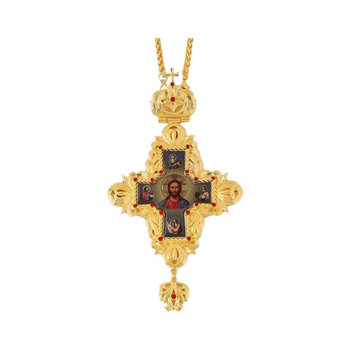 Gold Plated Red Stone Orthodox Cross Pendant Crucifix Necklace with Jesus Icon