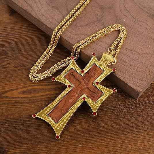 Wooden Cross Pendant Gold Plated Red Stone Necklace