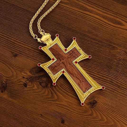Wooden Cross Pendant Gold Plated Red Stone Necklace